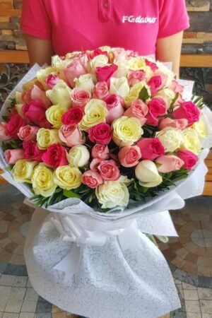 Bouquet of 100 Roses - White and Pink Roses